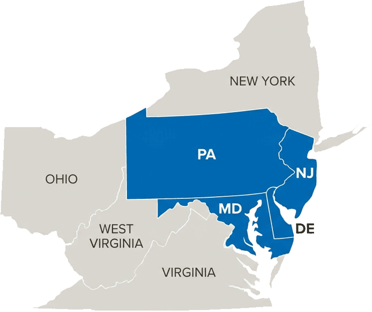 service area map highlighting PA, NJ, MD & DE